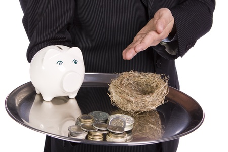 Saving Concept - Business man showing differente ways to saving moneyの写真素材