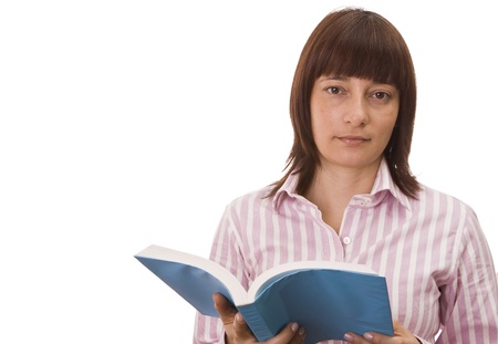 Woman reading a book on a white backgroundの写真素材