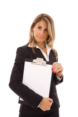 businesswoman holding a clipboard with space for textの写真素材