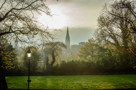 A early morning view of a church though some trees on a misty dayの写真素材