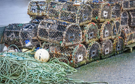 A stack of lobster pots by the sea, ready to used againの写真素材