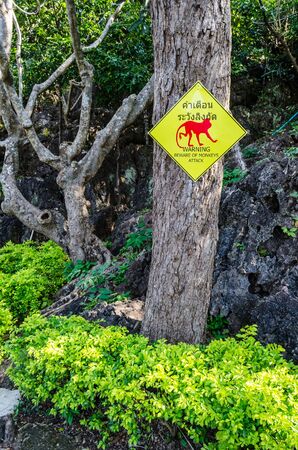 Warning, beware of monkeys attack sign in phra nakorn khiri, petchaburiの写真素材