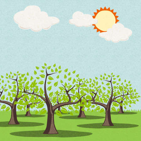 trees on grass field in summer recycled papercraft backgroundの写真素材