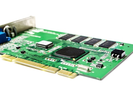 Closeup of old electronic circuit board with shallow depth of field. isolated on white background. の写真素材