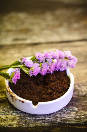 Beautiful flower and coffee ground on vintage wooden background, selective focusの写真素材