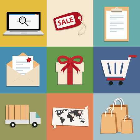 Flat design modern vector illustration icons set with long shadow effect of electronic commerce and various shopping symbol and elements. Isolated on stylish turquoise background. のイラスト素材