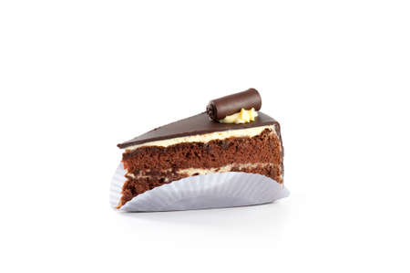 Cake chocolate with paper plate isolated on white backgroundの写真素材