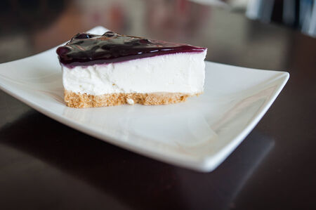 blueberry cheesecake (selective focus) in the white plate on the dark wooden table.