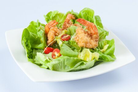 Salad with Fried Shrimps Isolated on White Backgroundの写真素材