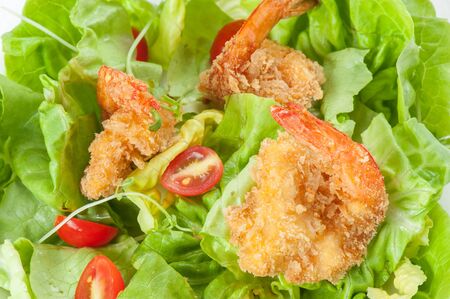 Salad with Fried Shrimps Isolated on White Backgroundの写真素材
