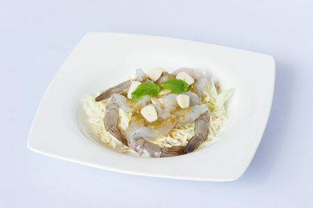 Shrimp in Fish Sauce with Spicy Seafood Sauce Isolated on White Backgroundの写真素材