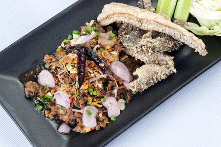Spicy Minced Meat Salad Isolated on White Background.の写真素材