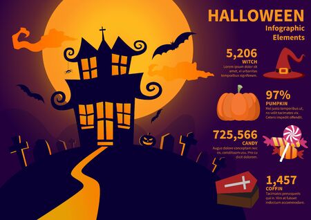 Halloween infographic elements  template design about scary holiday, witch, pumpkins and coffin. Halloween celebration design.のイラスト素材