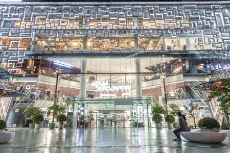 Bangkok,Thailand - OCTOBER 15, 2018: Front yard of Siam Discovery Shopping Mall, BTS sky train, Rama I Rd, Skywalk. Bangkok, Thailand. Siam Discovery is one of Bangkok's main shopping areasのeditorial素材