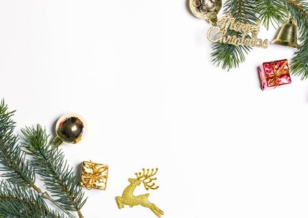 Christmas gift box flat lay on white background with decoration. Happy new year background and backdrop, copy space, top viewの写真素材