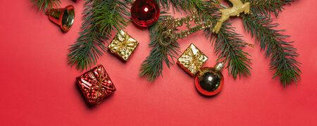 Christmas background concept. Top view of Christmas gift box colorful balls with spruce branches and...