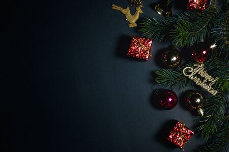 Christmas background concept. Top view of Christmas gift box colorful balls with spruce branches and...