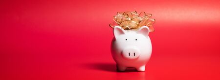 Composition with piggy bank isolated on red background. Space for textの写真素材