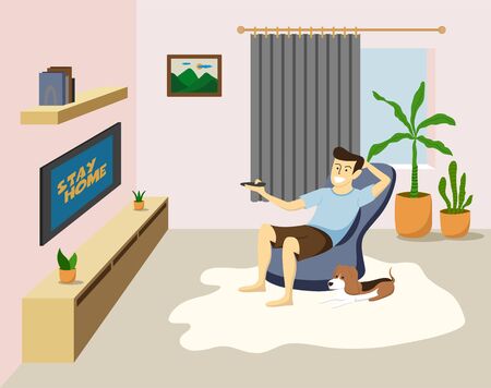 Flat style vector illustration of cartoon man character watching television in living room with a dog. Daily life activity during quarantine. Concept of hobby ideas that can do at home.のイラスト素材