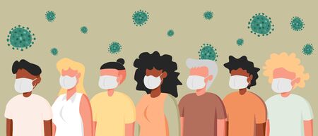 Illustrations flat design of group of people wearing medical masks to prevent disease, flu, air pollution, contaminated air, world pollution. coronavirus pandemic.のイラスト素材