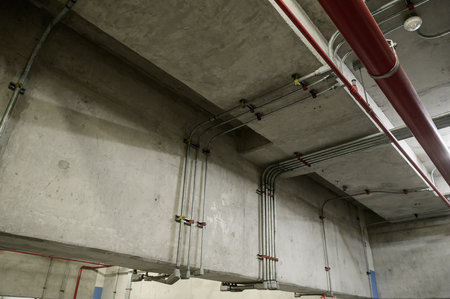 Installation of gas pipe in the building. pipe systems, pipeline on building ceiling.