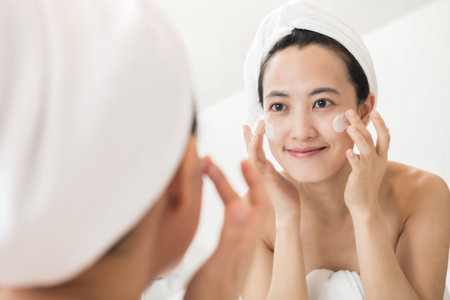 Happy young Asian woman applying face lotions while wearing a towel and touching her face.の写真素材