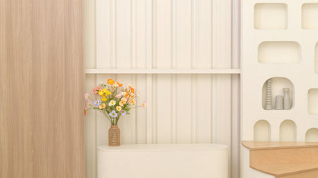 Beautiful artificial flower brownish glass vase on table inside indoor interior house living room, home decoration wallpaper, design bouquet floral ceramic beside wall background in an apartmentの写真素材