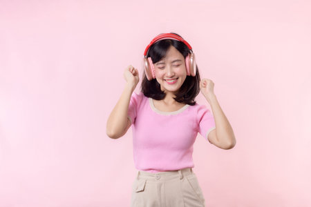 Smile pretty model person listen music song and enjoy dance with wireless headphone online audio...