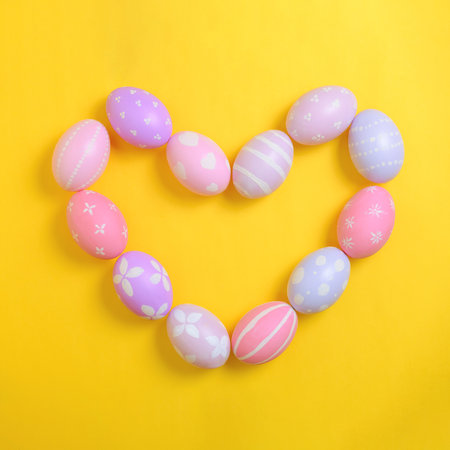 Happy easter holiday celebration concept. Group of painted colourful eggs in heart shape decoration...