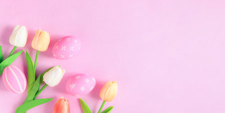 Happy Easter holiday greeting card concept. Colorful Easter Eggs and spring flowers on pastel pink background. Top view, flat lay, copy space.の写真素材