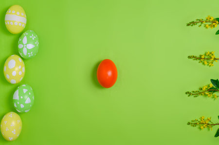 Happy Easter holiday greeting card concept. Colorful Easter Eggs and spring flowers on pastel green background. Top view, flat lay, copy space.の写真素材