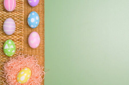 Happy Easter holiday greeting card concept. Colorful Easter Eggs and spring flowers on pastel green...
