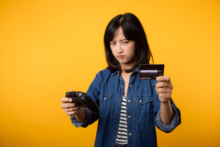 Portrait asian young woman with doubt face wearing denim clothes holding joystick controller and credit card. Shopping online game entertainment lifestyle concept.の写真素材