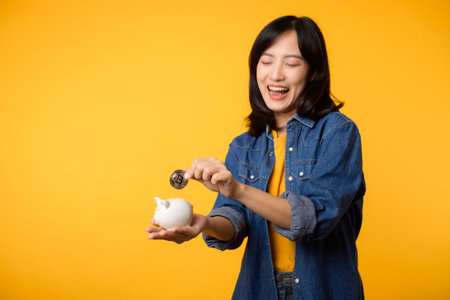 Happy asian young woman wearing yellow t-shirt denim shirt saving digital crypto currency to piggy bank isolated on yellow background. Digital money saving investment concept.の写真素材