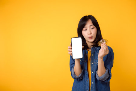 Happy asian young woman wearing yellow t-shirt denim shirt holding digital crypto currency coin and...