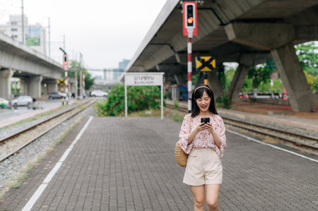 Young Asian woman traveler with weaving basket using a mobile phone beside railway train station in...