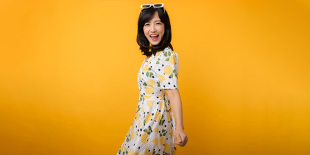 Portrait young cheerful asian woman happy smile dressing springtime female style fashion isolated on...