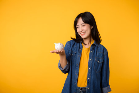 portrait young cheerful asian woman wearing yellow t-shirt denim shirt with happy smile holding piggybank save investment money isolated on yellow background. economy finance business wealth concept.の写真素材