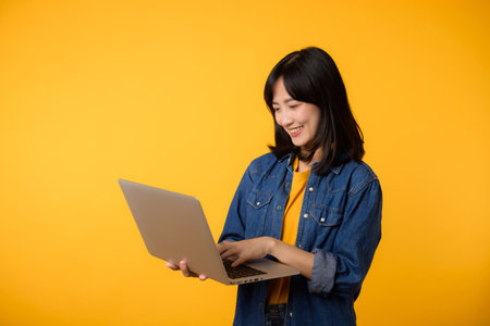 portrait happy young woman wearing yellow t-shirt and denim shirt holding laptop and use notebook isolated on yellow studio background. business technology application communication concept.の写真素材