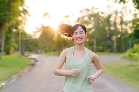 Fit young Asian woman jogging in park smiling happy running and enjoying a healthy outdoor lifestyle. Female jogger. Fitness runner girl in public park. healthy lifestyle and wellness being conceptの写真素材
