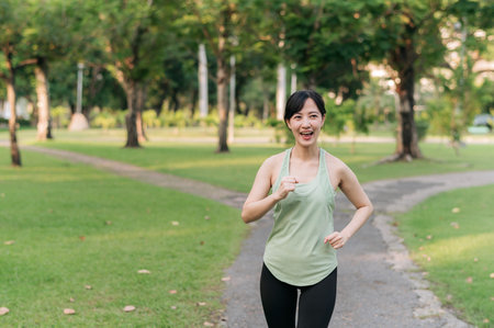 Fit Asian young woman jogging in park smiling happy running and enjoying a healthy outdoor lifestyle. Female jogger. Fitness runner girl in public park. healthy lifestyle and wellness being conceptの写真素材