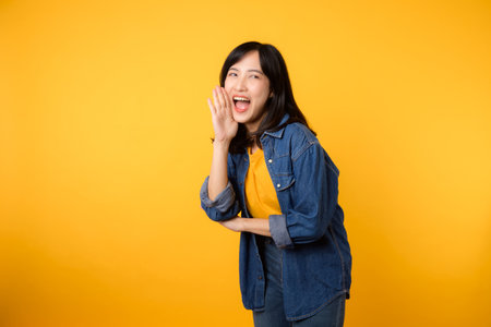 Asian young woman wearing yellow t-shirt denim shirt with open mouths raising hands screaming announcement isolated on yellow background. Lifestyle portrait concept.の写真素材