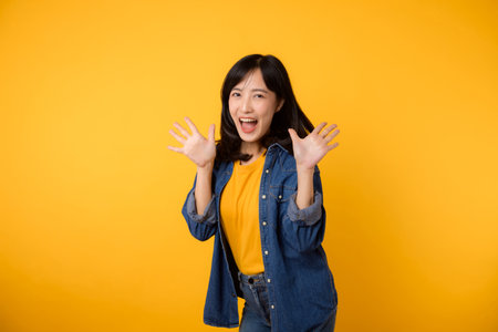 Asian young woman wearing yellow t-shirt denim shirt with open mouths raising hands screaming announcement isolated on yellow background. Lifestyle portrait concept.の写真素材