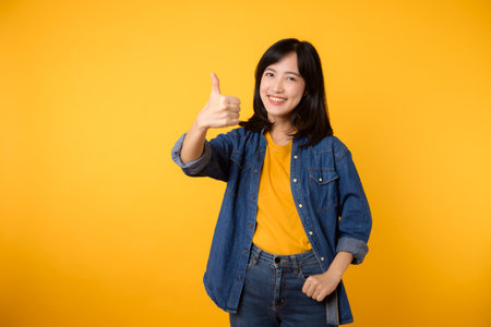 Portrait happy young asian woman cheerful smile showing thumb up, trust, recommend gesture isolated on yellow studio background. Pretty attractive female with like hand sign. lifestyle girl womanの写真素材