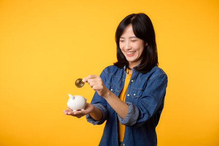 Happy asian young woman wearing yellow t-shirt denim shirt saving digital crypto currency to piggy bank isolated on yellow background. Digital money saving investment concept.の写真素材