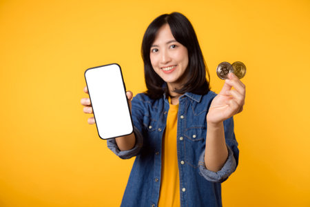 Happy asian young woman wearing yellow t-shirt denim shirt holding digital crypto currency coin and smartphone isolated on yellow background. Digital currency financial concept.の写真素材