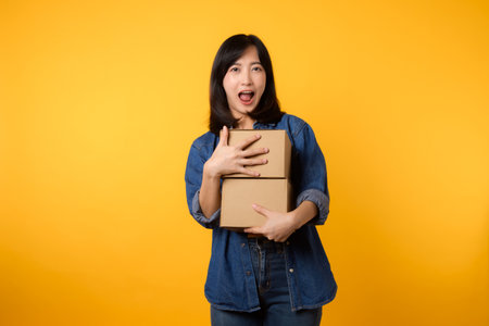 Portrait young asian woman wearing yellow t-shirt and denim shirt holding parcel box isolated on yellow studio background, Delivery courier and shipping service concept.の写真素材