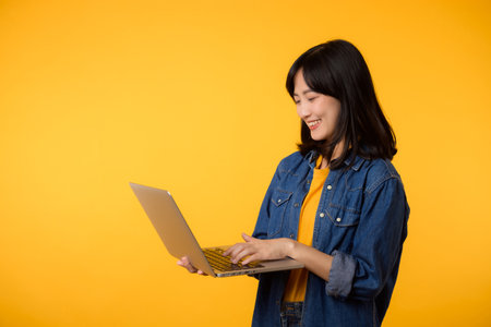 portrait happy young woman wearing yellow t-shirt and denim shirt holding laptop and use notebook isolated on yellow studio background. business technology application communication concept.の写真素材