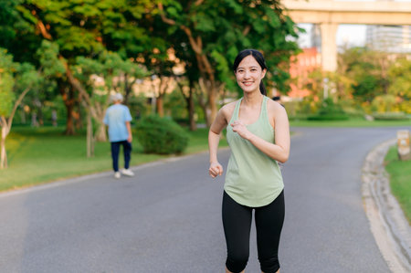 Fit young Asian woman jogging in park smiling happy running and enjoying a healthy outdoor lifestyle. Female jogger. Fitness runner girl in public park. healthy lifestyle and wellness being conceptの写真素材