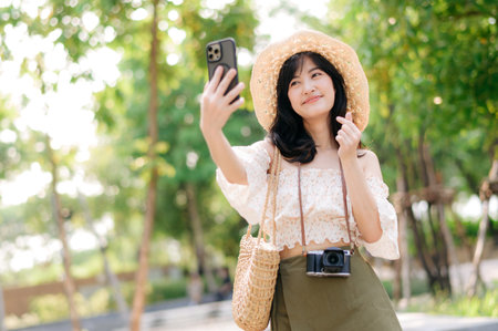 Portrait of young asian woman traveler with weaving hat, basket, mobile phone and camera on green public park background. Journey trip lifestyle, world travel explorer or Asia summer tourism concept.の写真素材